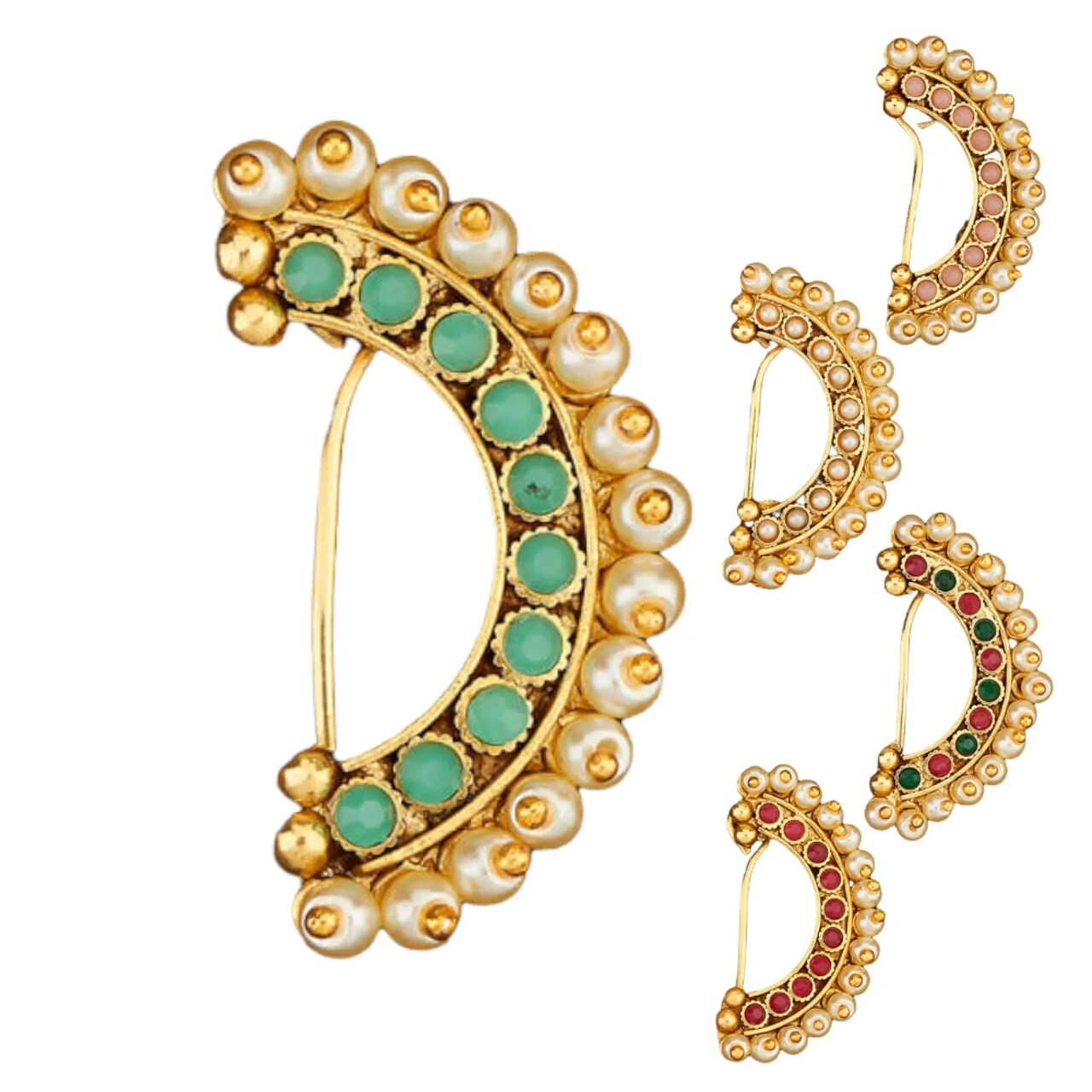 Indian Marathi Nath for Women - Antique Golden Pressing Moon Marathi Nose Ring Indian Jewelry Clip-On Marathi Bridal Nathani Bollywood Faux Pearl Non-Piercing Jewelry for Women Gift For Her